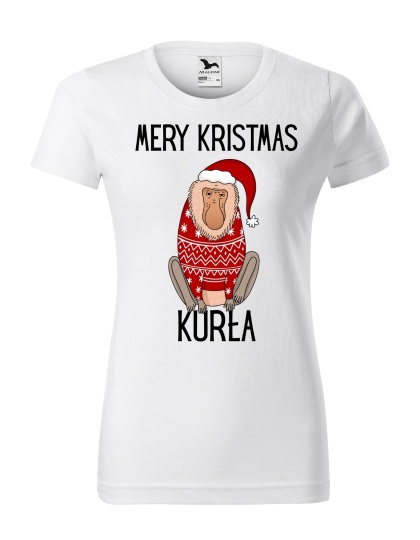 Święta - Koszulka damska świąteczna - "Mery kristmas kurła" z małpą Januszem