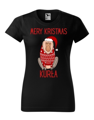 Święta - Koszulka damska świąteczna - "Mery kristmas kurła" z małpą Januszem