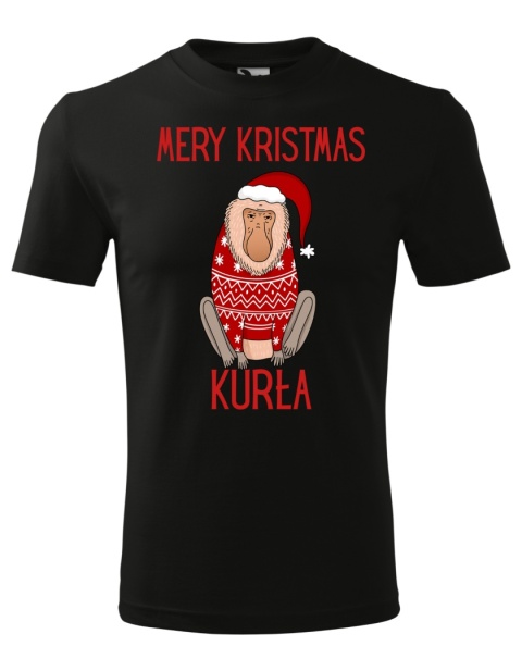 Święta - Koszulka męska świąteczna - "Mery kristmas kurła" z małpą Januszem
